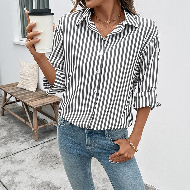 Simple Lapel Women's Autumn New Casual Striped Long-sleeved Shirt Thin Jacket for Women