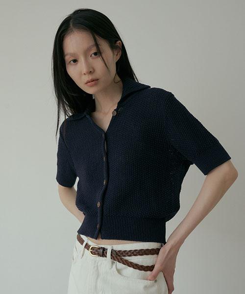 Lingseoul Open Collar Cotton Knit-Navy