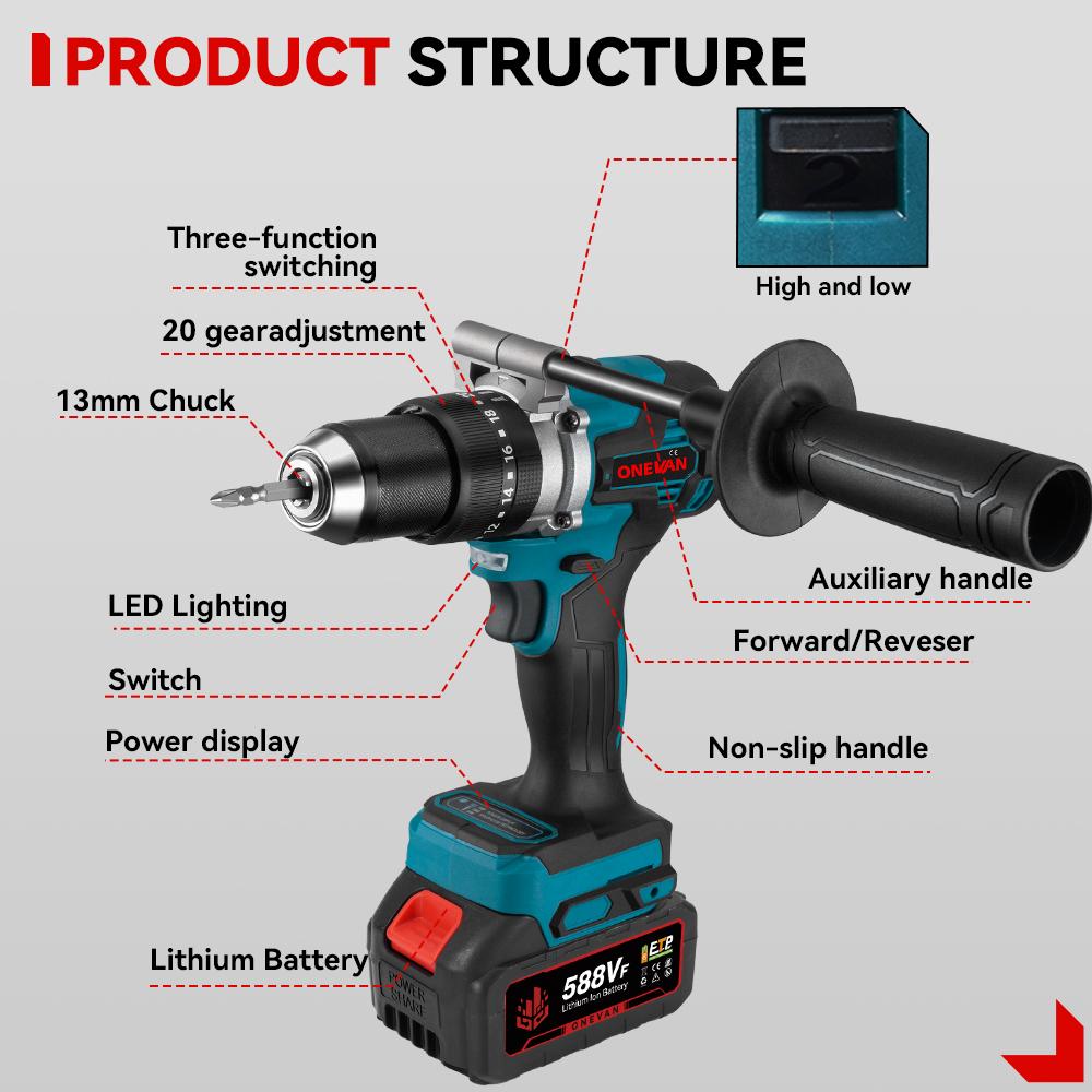 Perceuse à percussion électrique sans balais 1500 W, couple 20 + 3, tournevis électrique 3 en 1, perceuse à percussion, outils électriques pour batterie Makita 18 V