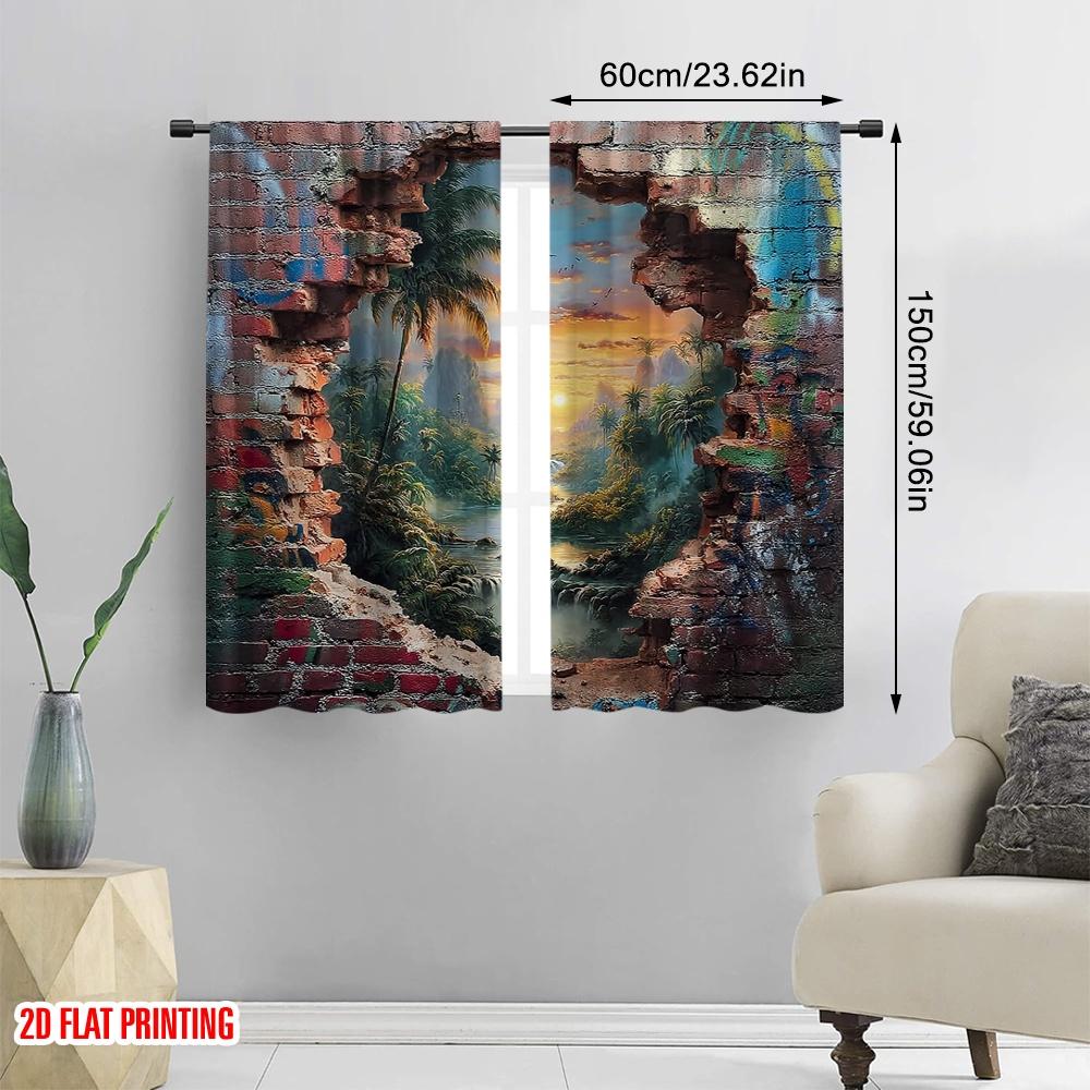 Set aus 2 flachen Druck-Partyvorhängen Tropischer Sonnenuntergang durch zerbrochene Ziegelmauer Digital bedruckte Polyester-Vorhänge Familiengefertigt