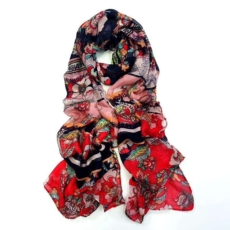 

60 Хлопок цветочные полосы сращивание шелкография шарф, этнический стиль весна и лето тонкий тканый женский, шаль 180m красный