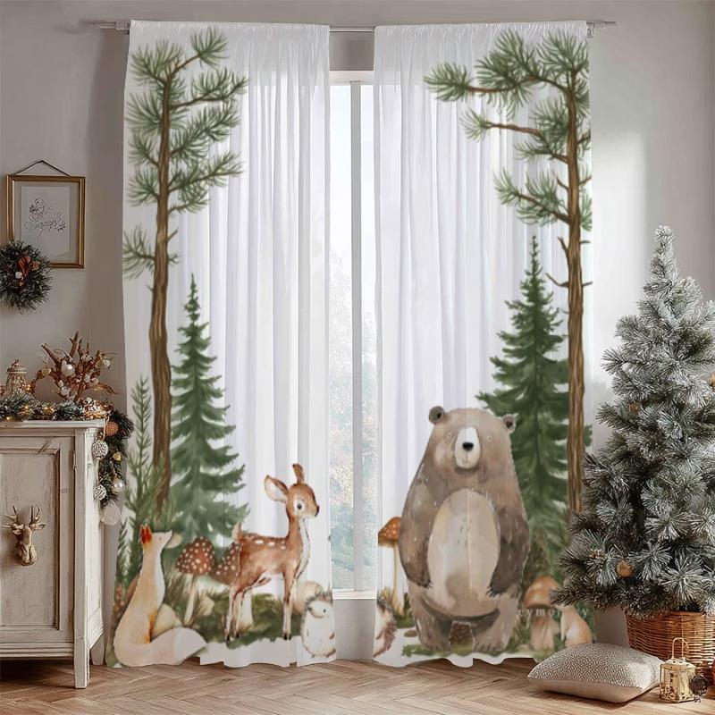 2PCS Digital Printed Sheer Curtain, Little Bear Deer Fawn, Woodland Cute Forest Animal for Living Room Bedroom Home Decor
