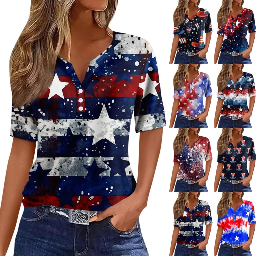 Lässiges T-Shirt für Damen zum Unabhängigkeitstag, bedruckt, V-Ausschnitt, kurzärmlig, mit Knöpfen