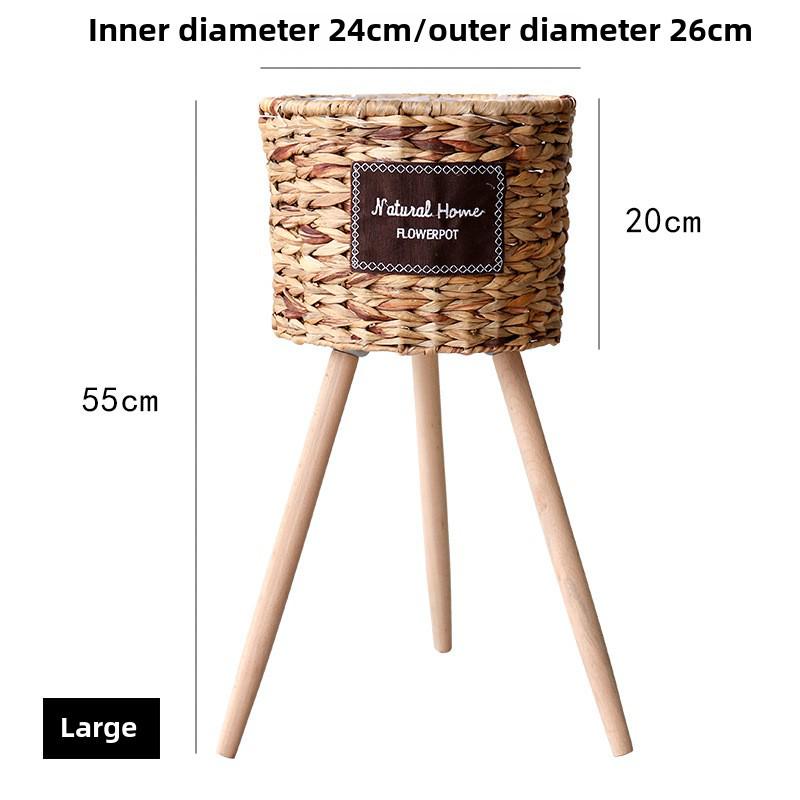 Nordic Rattan Straw Flower Basket with Wooden Stand for Indoor Decoration