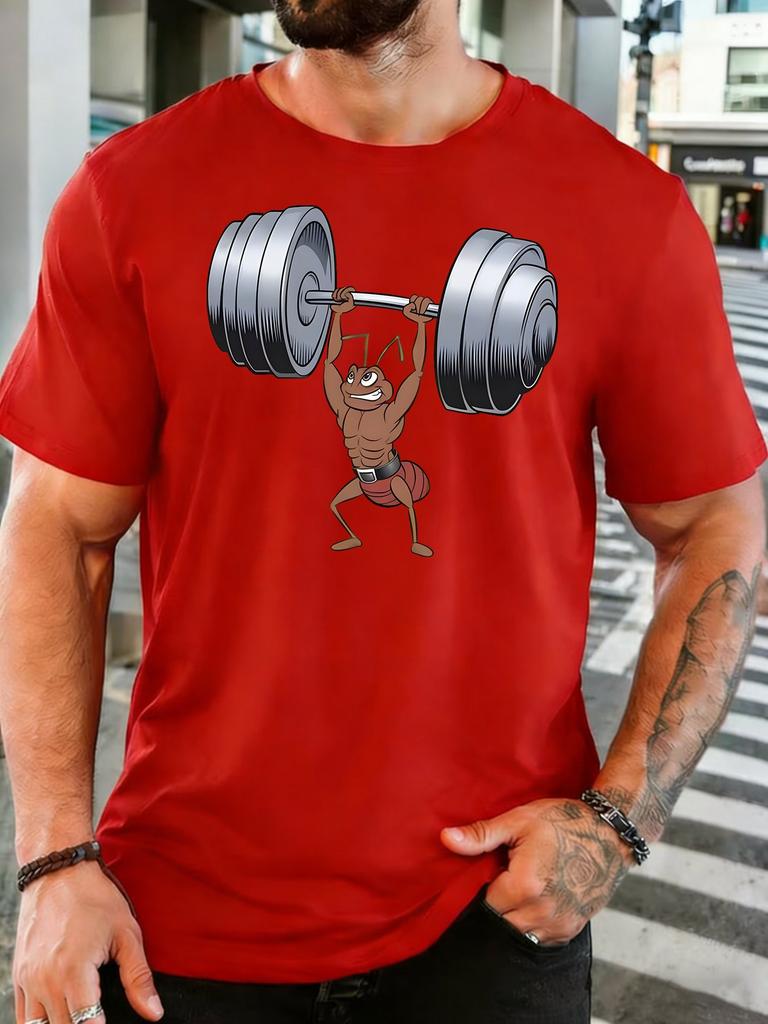 Power Ant Weightlifting Barbell Cartoon Print Unisexs Crew Neck Short Sleeve Cotton T Shirt Fitness Loose Casual Male Daily Gym Top