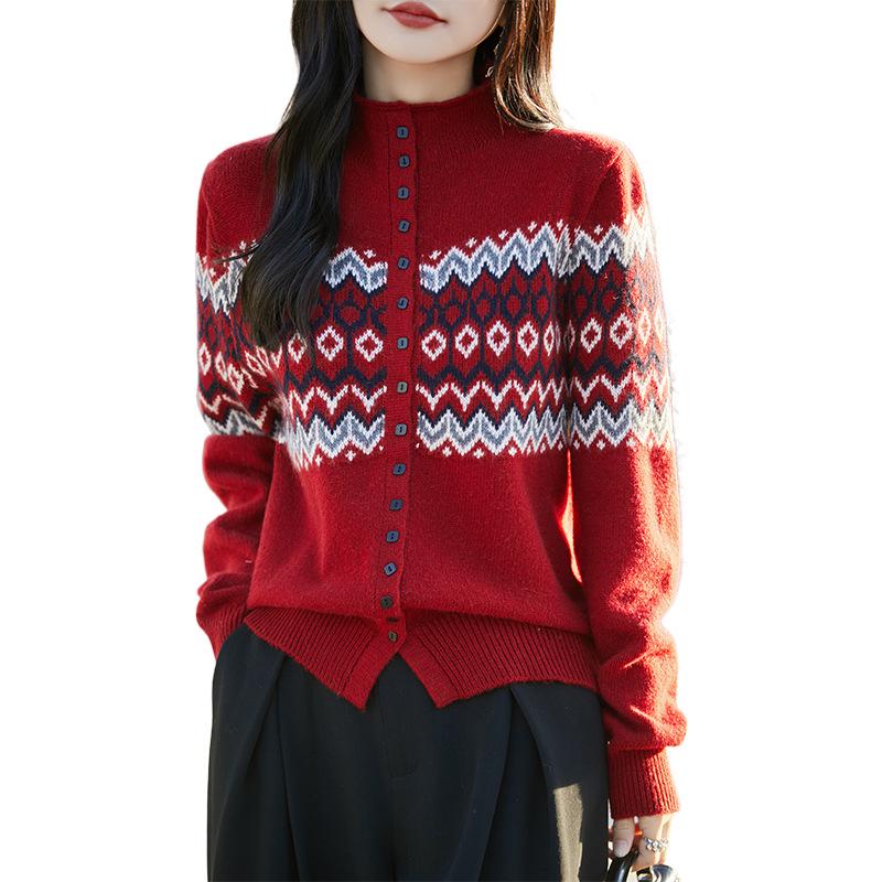 Chic Textured Color Block Jacquard Sweater: Women's Semi-High Neck Loose Knit Cardigan for Spring & Autumn