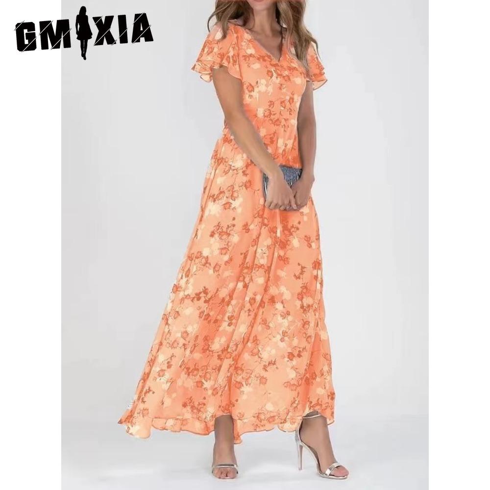 

GMXIA 6-цветное платье макси с V-образным вырезом и оборками, с короткими рукавами, приталенной талией, завышенной талией и струящимся подолом, милое цветочное шифоновое платье, женская одежда XXXL оранжевый