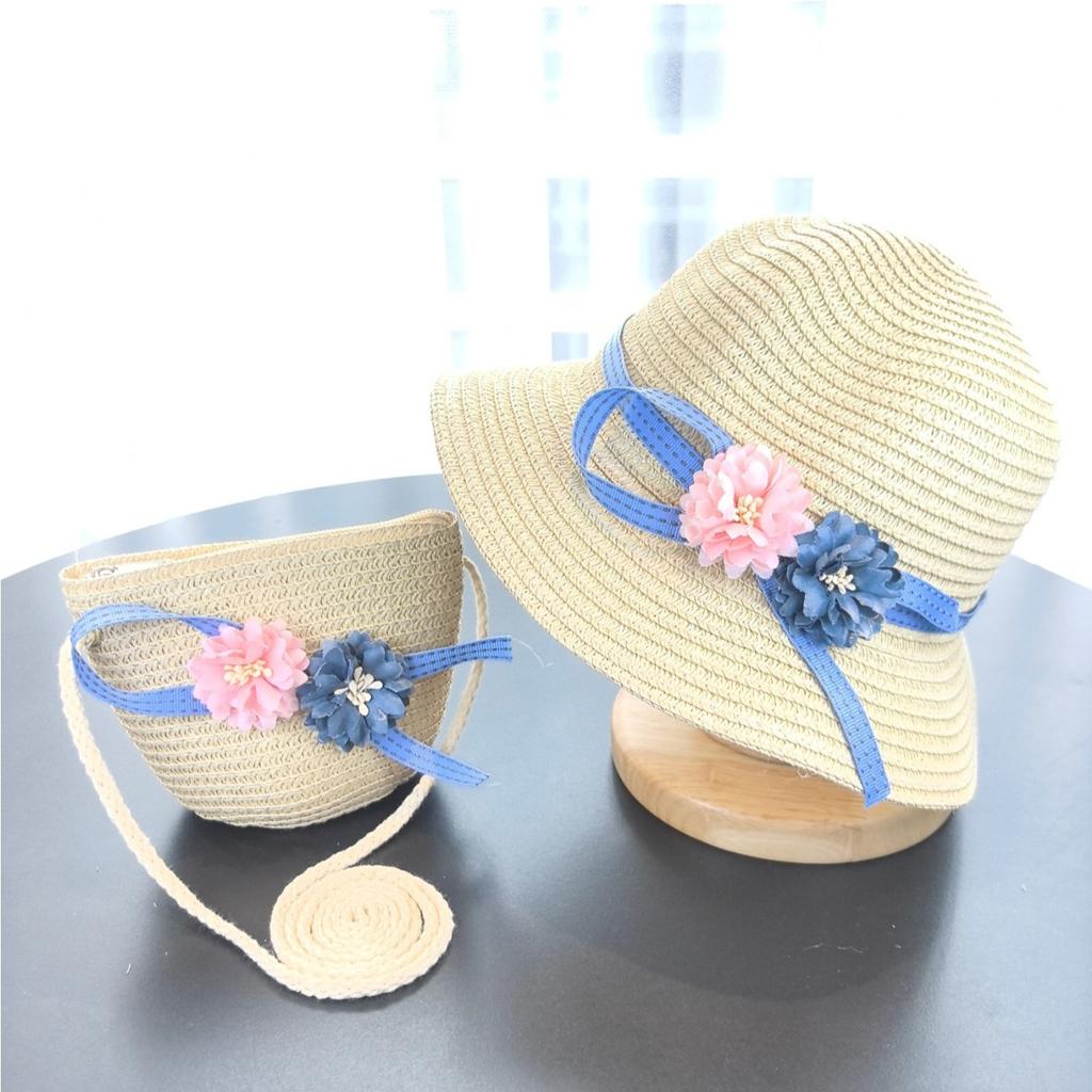 Girls 2Pcs Straw Hat Solid Color Outdoor Travel Sun Hat Floral Fisherman Style Children'S Fashion Accessory For Girls