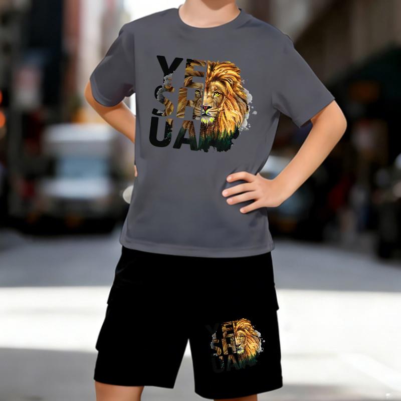 Boys 2 Piece Majestic Lion Print Outfit, Short Sleeve T-Shirt and Shorts Set for Kids Age 5-14,  Black and White Sporty Casual Summer Clothes