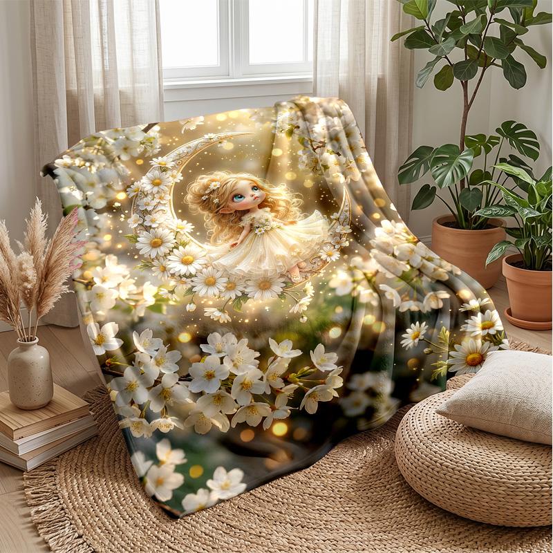 Fairy On Crescent Moon Theme Blanket Lightweight Warm Flannel Blanket Decorative Throw Blanket for Home Decoration