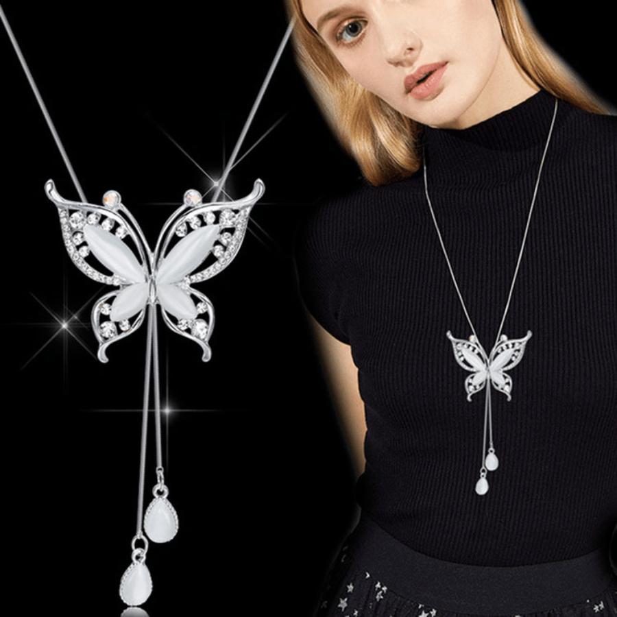 1pc Elegant Y-Shaped Necklace with Sparkling White Butterfly Pendant - Long, Dangling Rhinestone & Zinc Alloy Chain, Perfect for Everyday Fashion, Eve