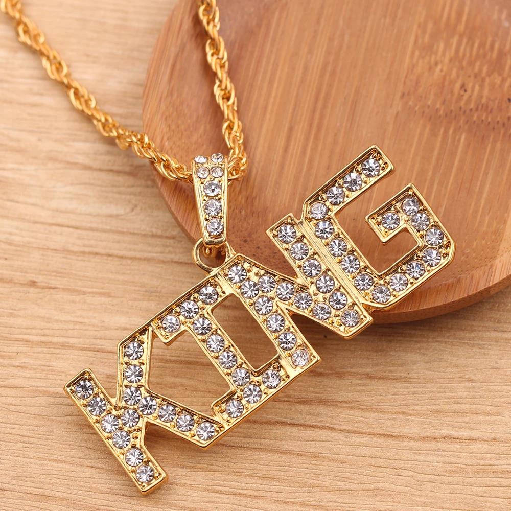 Hip Hop Queen King Letter Pendant Punk Man Bling Bling Iced Out Cuban Chain Fashion Glamour Jewelry