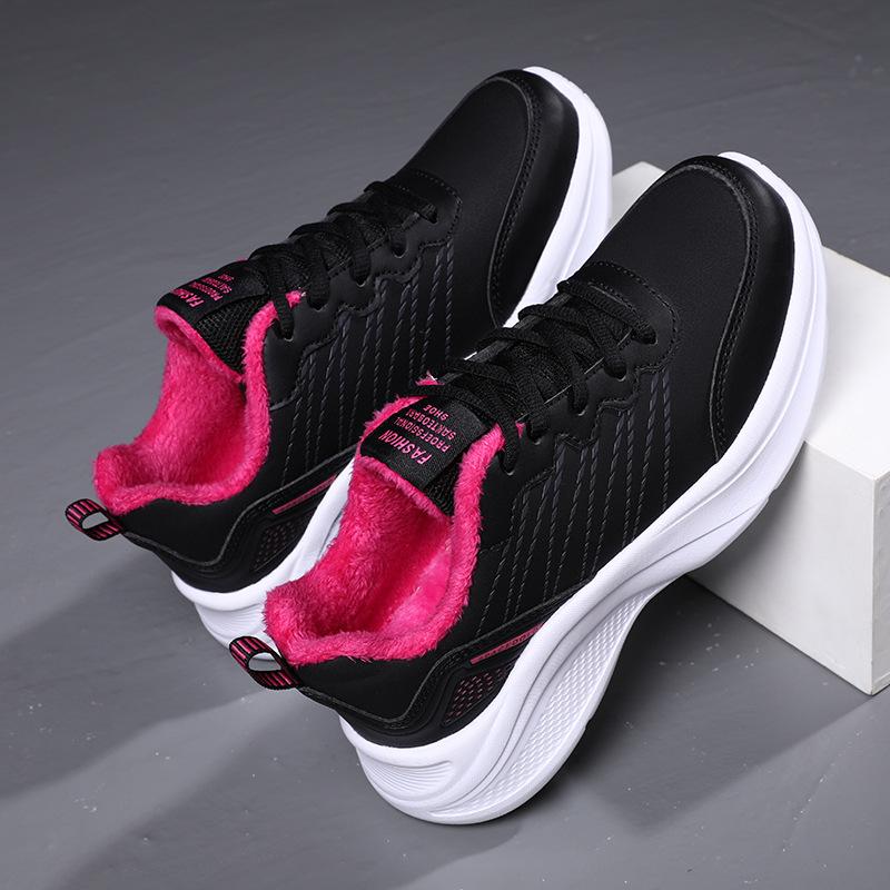Shoes fleece warm sneakers autumn and winter black leather running shoes two cotton shoes warm and non-slip