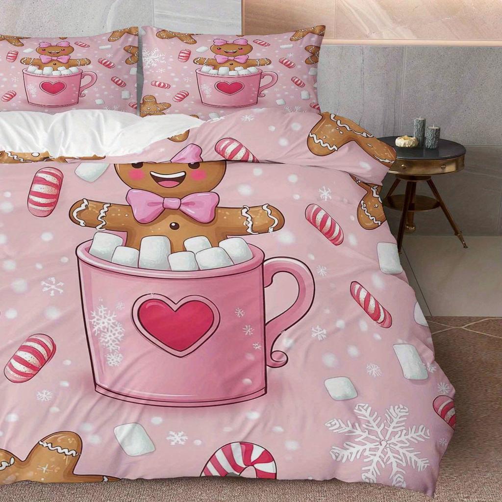 Gingerbread Pink Cplusy Heart Snowflake Christmas Theme for Living Rom Bedrom Hotel Home Decor Festive Holiday Beding Set