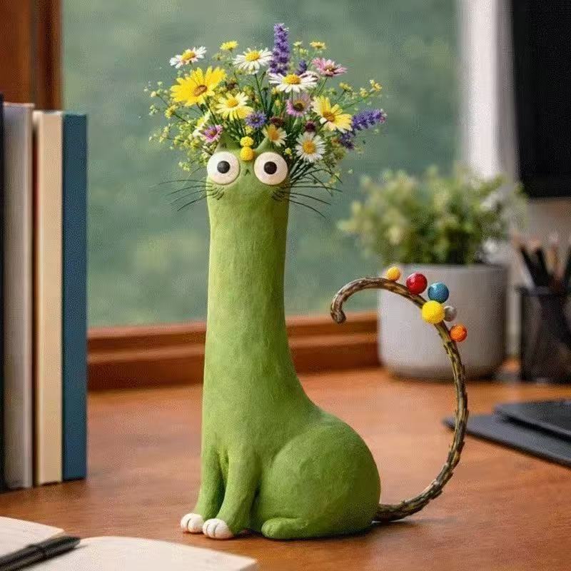 Long Neck Cat Dog Resin Vase Creative Animal Flower Vase Home Table Decor