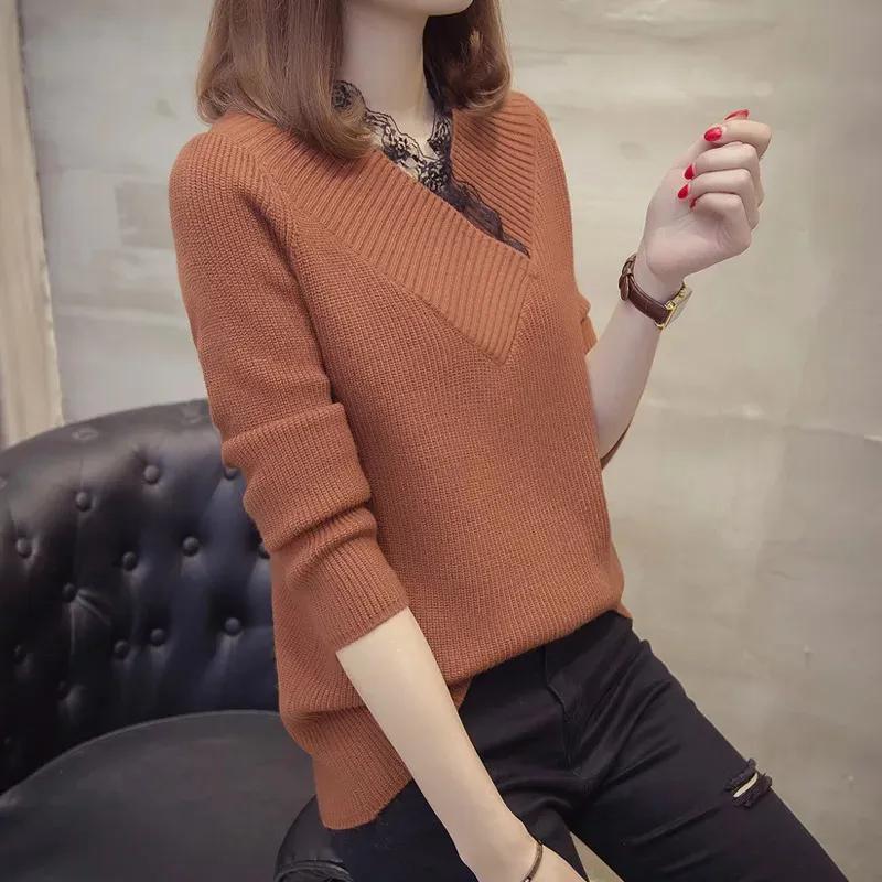 

WTEMPO Однотонный повседневный свободный кружевной лоскутный вязаный пуловер осень-зима женские свитера большого размера с V-образным вырезом и длинными рукавами One Size кофейный