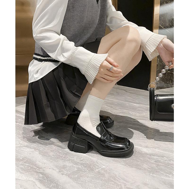 Spring New Casual Versatile Square Head Small Leather Shoes Inner Height Increase JK One-pedal Temperament