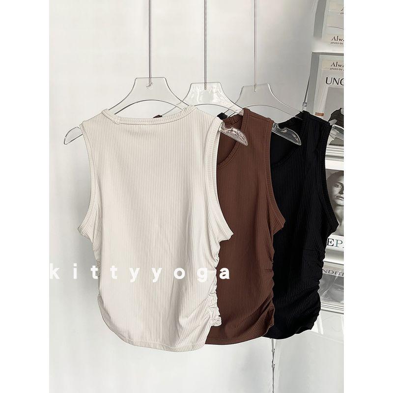 Big Brand Same Style Rib round-Neck Waistcoat Sports Tops T-shirt Ruched Waist Trimming Short
