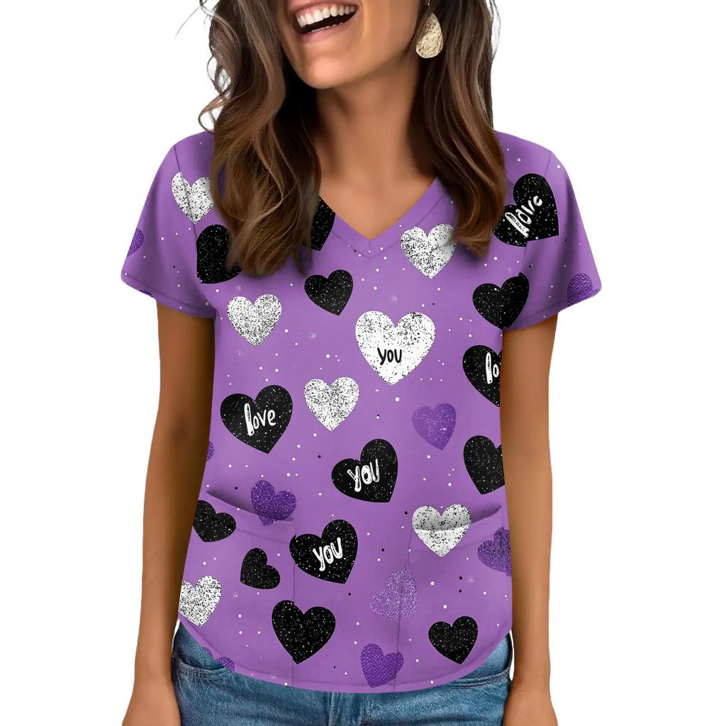 Women's V-neck Valentine's Day Printed Short-sleeved Top With Pockets And Side Slits, Suitable For Caregivers.