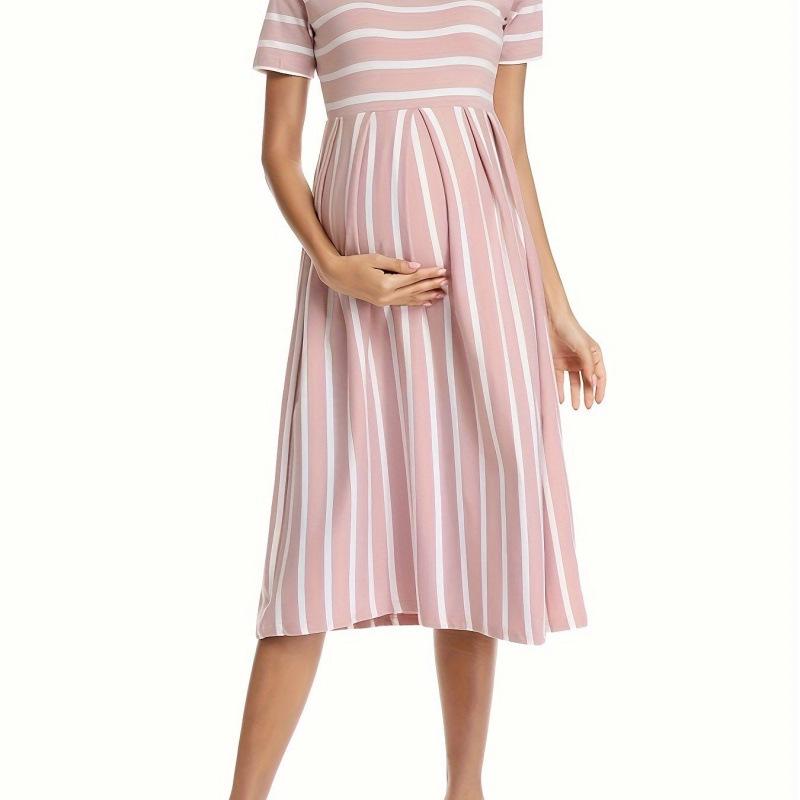 L73317L Crew Neck Striped Maternity & Nursing Dress Extra Large