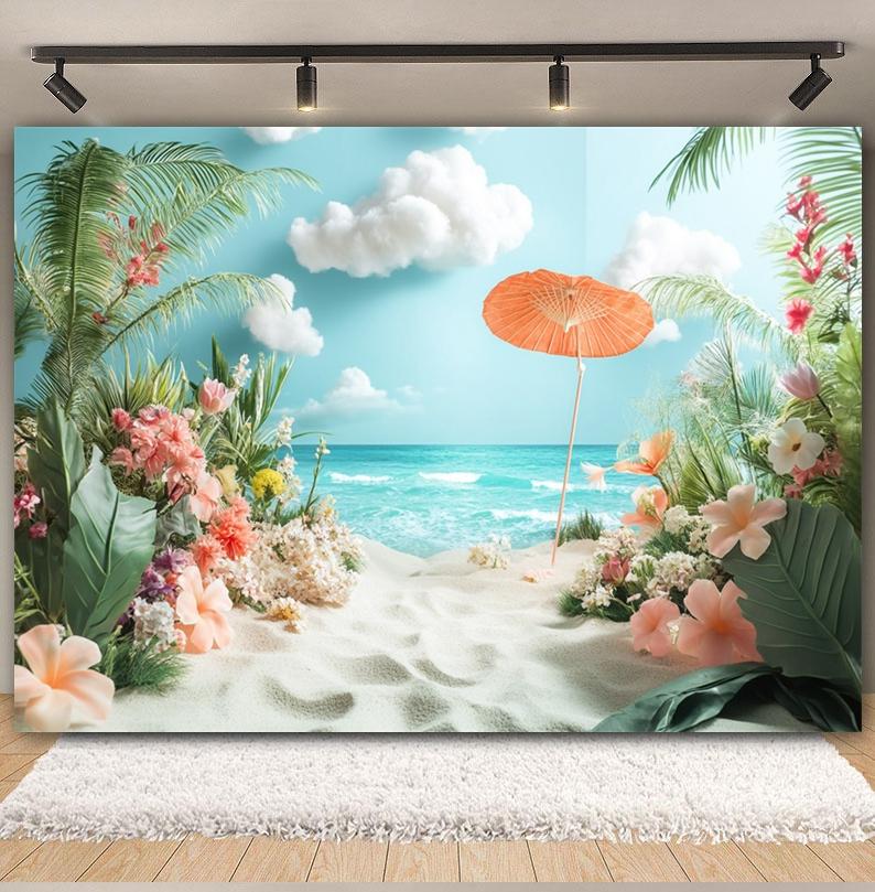 Summer Beach Backdrop Hawaii Tropical Seaside Sunshine Blue Sky Palm Tree Baby Birthday Holiday Party Photography Background
