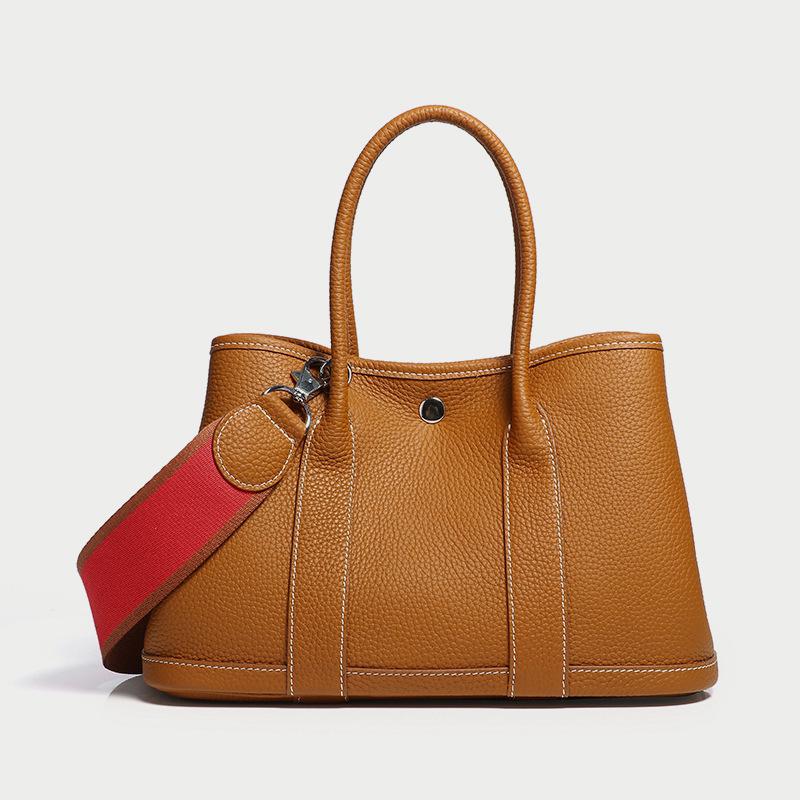 2025 Cowhide Lychee Pattern Garden Bag: Women's Color Block Wide Shoulder Strap Handbag