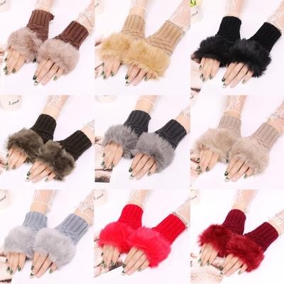 Women Half Finger Gloves Winter Stretchy Knit Plush Trim Fingerless Gloves Acrylic Short Hand Warmer with Thumb Hole