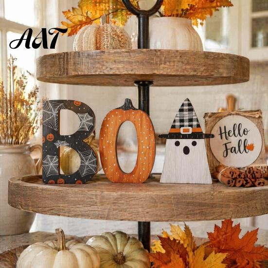 Playful Halloween Desktop Decorations Wooden BOO Ornaments, Lettering Decorations, Rustic Bat Pumpkin Ghost Small Ornaments for Windowsills