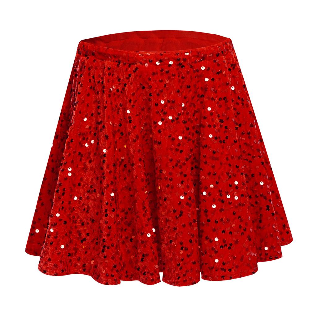 Dziewczęca aksamitna spódniczka do występów elastyczny pas falowany dół błyszczące cekiny strój na przyjęcie bożonarodzeniowe