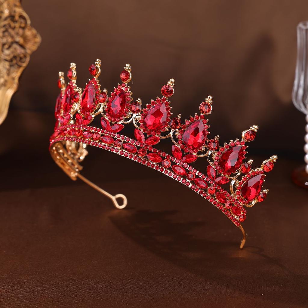 European and American Wedding Dresses  Bridal Headwear Crown Evening Performance Party Hair Accessories Elegant Red Rhinestone Crown Accessories