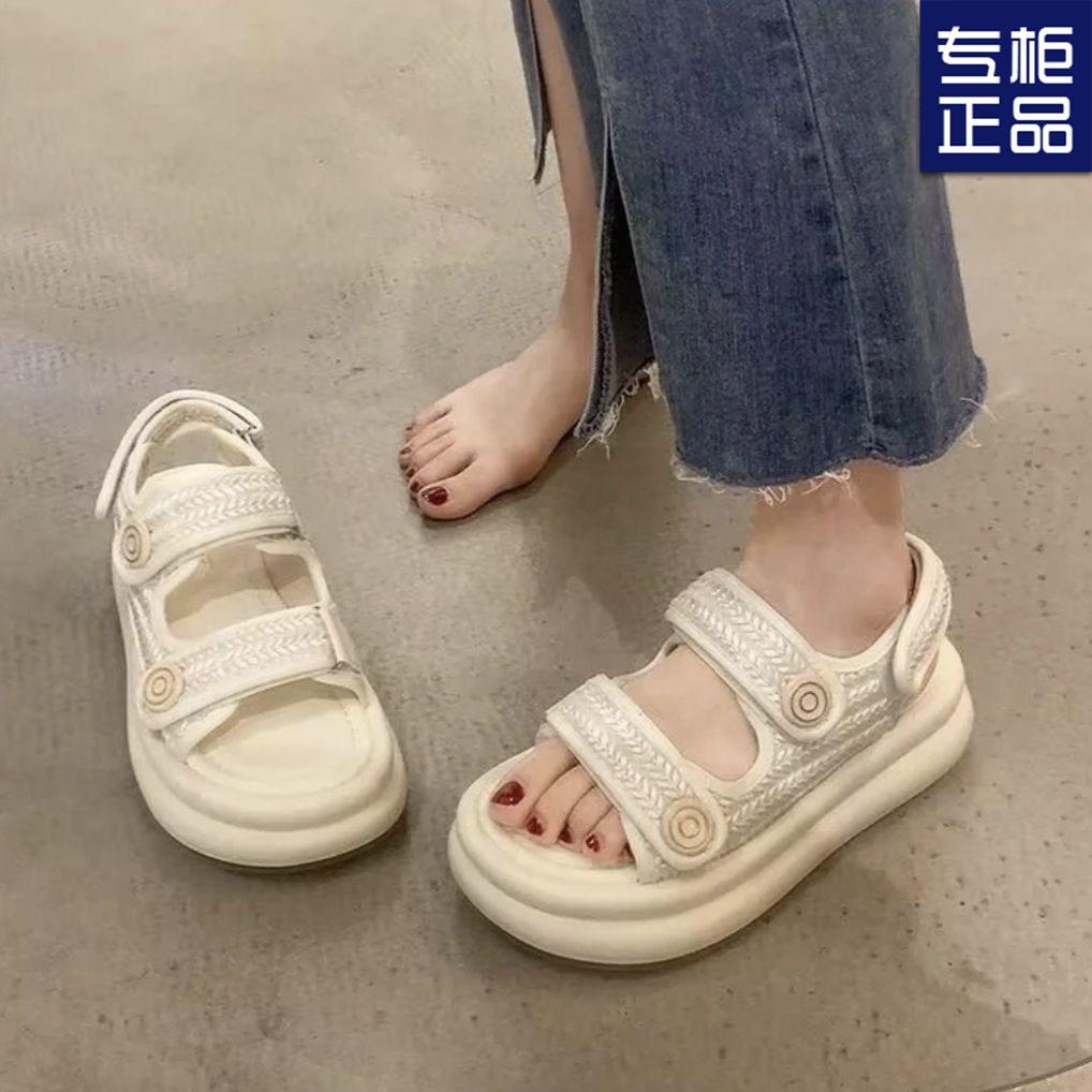 Xiaoxiangfeng Sandals Female New Fairy Style Thick-soled Versatile Flat-soled Sports Velcro Women's Shoes Ins