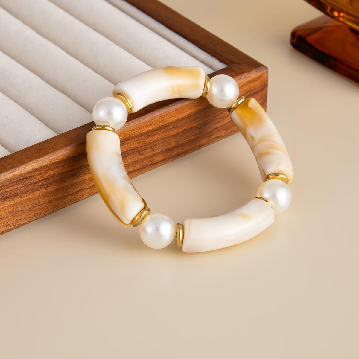 Artistic Ancient Style Acrylic Spliced Elastic Bracelet Fashion Exaggerated Gradient Geometric Bangle 03 Beige 3006