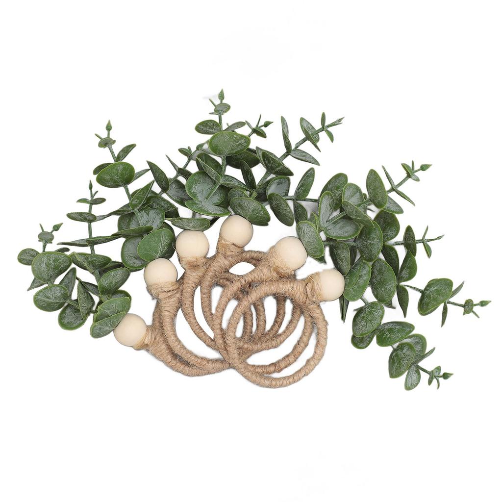 6pcs Hand Woven Faux Eucalyptus Leaf Napkin Rings Easter Spring Wooden Bead Farmhouse Napkin Rings for Weddings Christmas Party Table Decoration