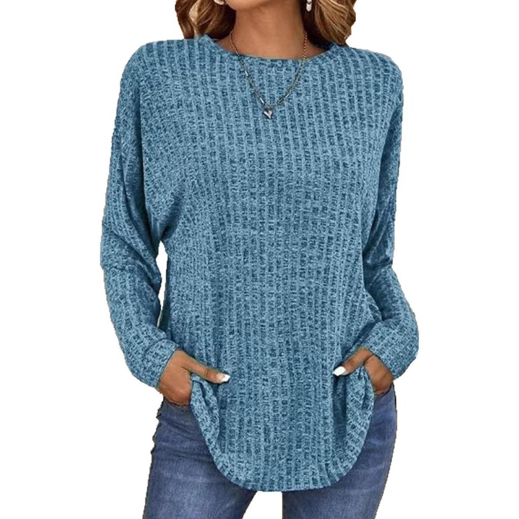 Maglione a Maglia Autunno Europeo 2025 - Girocollo, Costine, Manica Lunga, T-shirt Vestibilità Larga