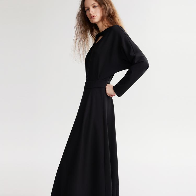 ELLE French Design Minimalist Solid Color Dress With Hollow Long Sleeve Midi Dress Women dresses Black EL48992