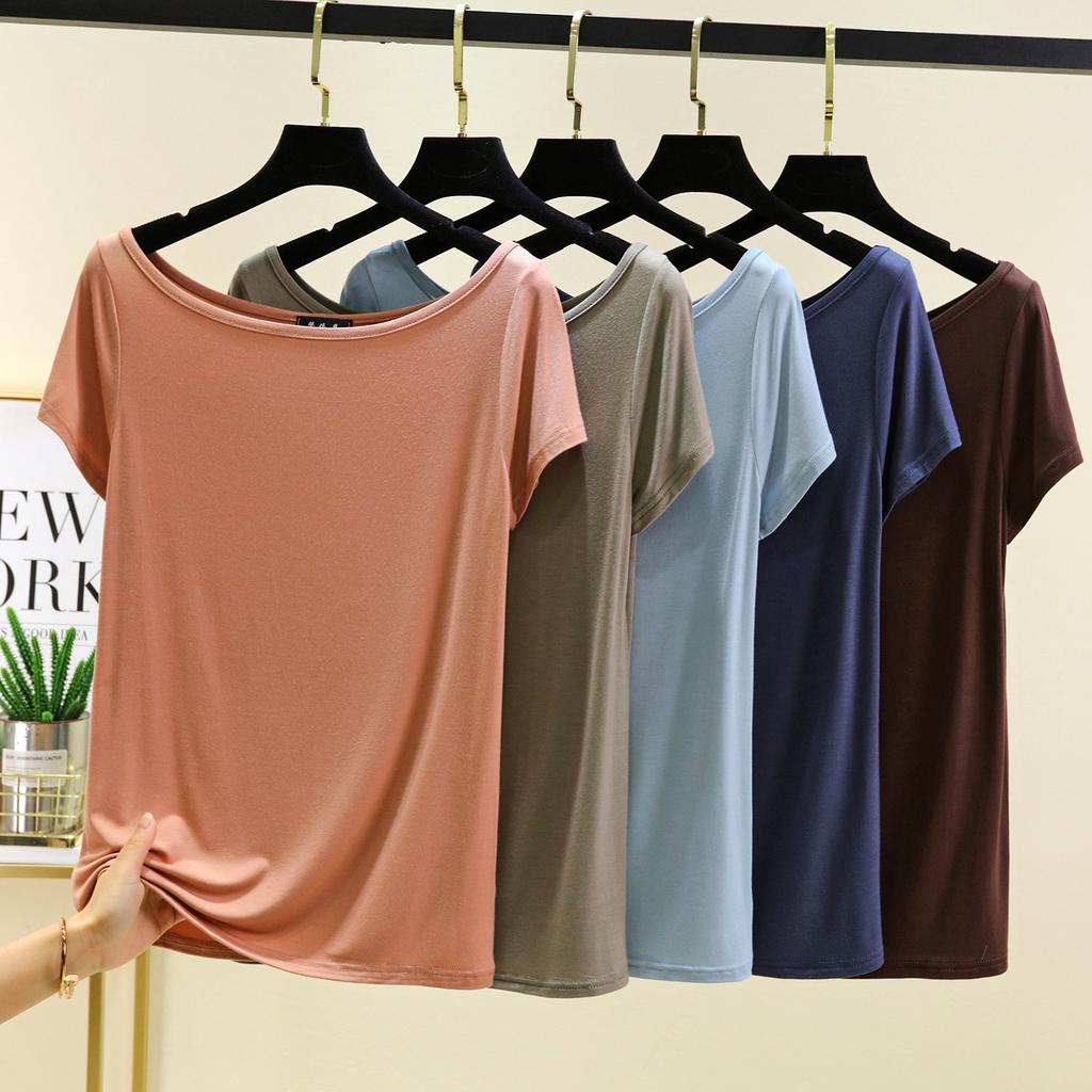 Dámské modální tričko s krátkým rukávem a odhalenými zády, lodičkovým výstřihem a odhalenými rameny, jednobarevné, volná základní vrstva, top pro větší velikosti, jednoduchá trička