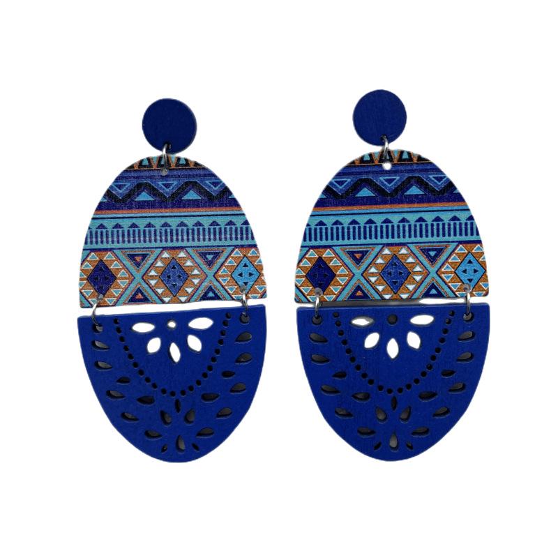 European Retro Wooden Long Print Earrings with Hollow Design