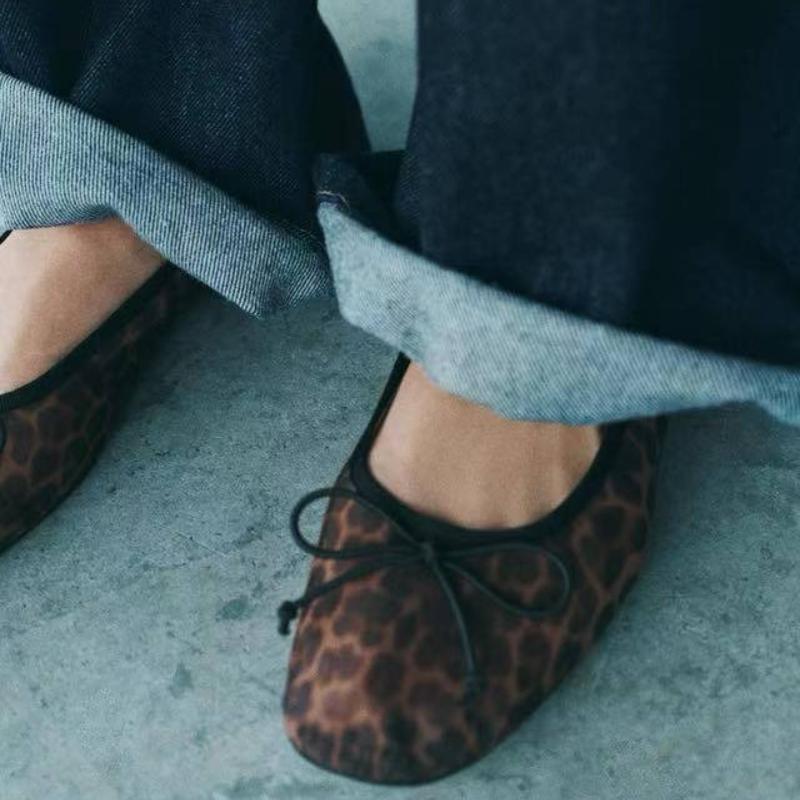 Fashion Cozy Mesh Leopard Print Ballet Flats Women Sexy Round Toe Bow Decoration Brand Designer Shoes Fashion Soft-sole Mary Jane Shoes