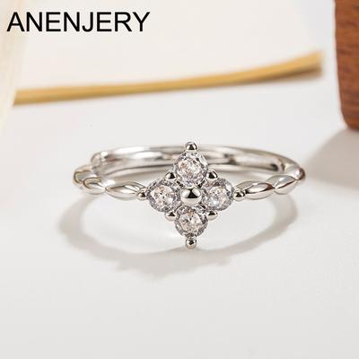 Anello Color Argento Zircone Fiori a Quattro Petali per Donna Semplice Bello Accessori Gioielli da Principessa Regalo