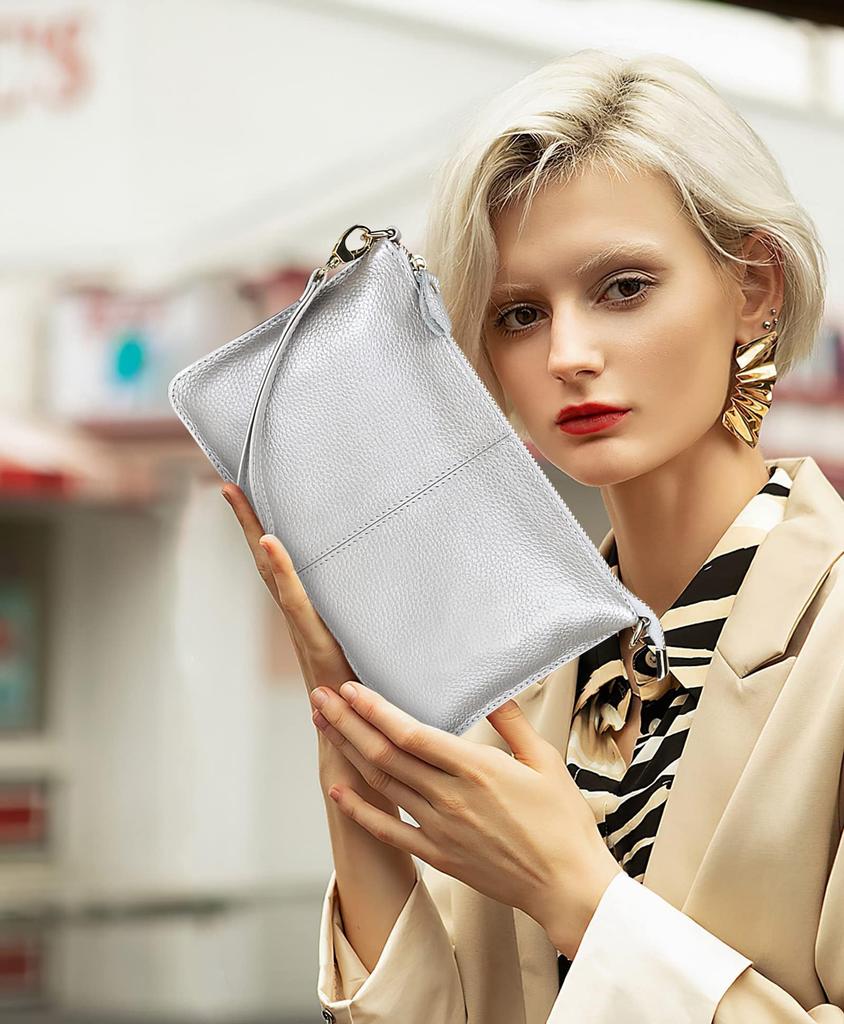 Crossbody Smartphone Large Wallet Genuine Shoulder Silver [FORRICA] Women's Wallet, Pochette, Lightweight, Bag, Leather, Pouch, Capacity, Pochette,