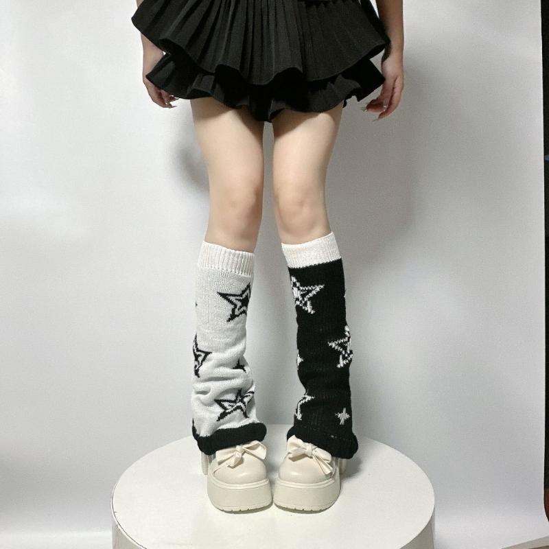 Punk Women Leg Warmers Japanese Aesthetic Star Pattern Flared Knitted Foot Cover Ruffle Trim Long Stockings Streetwear
