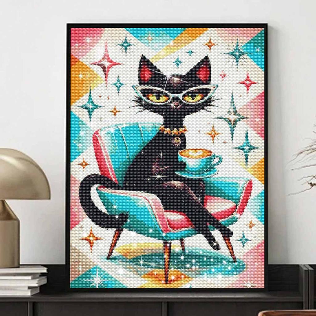 5D DIY Diamond Painting Kit Stylish Black Cat Drinking Coffee Art Diamond Embroidery Rhinestones Full Drill 30x40cm Home Wall Decor Gift Adults