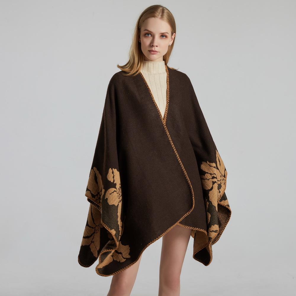 

Retro Double-Sided Women s Shawl with Flower Slit, Imitation Cashmere, Thickened Jacquard Cloak Cape. 130x150 cm