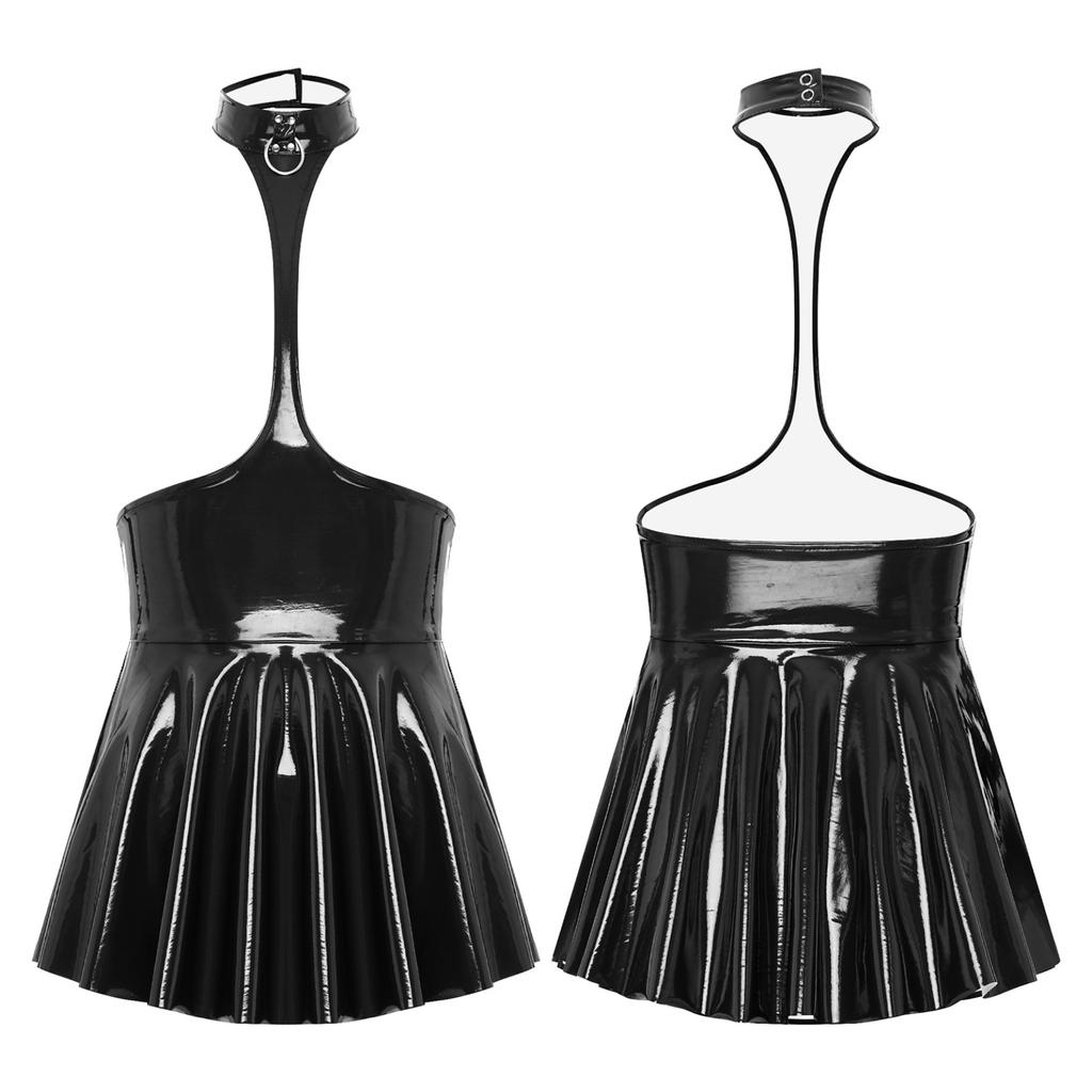 Women's Patent Leather Halter Neck Sexy Backless Bodycon Party MIni Dress Clubwear