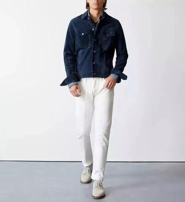 Handmade Stylish Casual Fashion Navy Blue Leather Trucker Men Pure Suede Shirt
