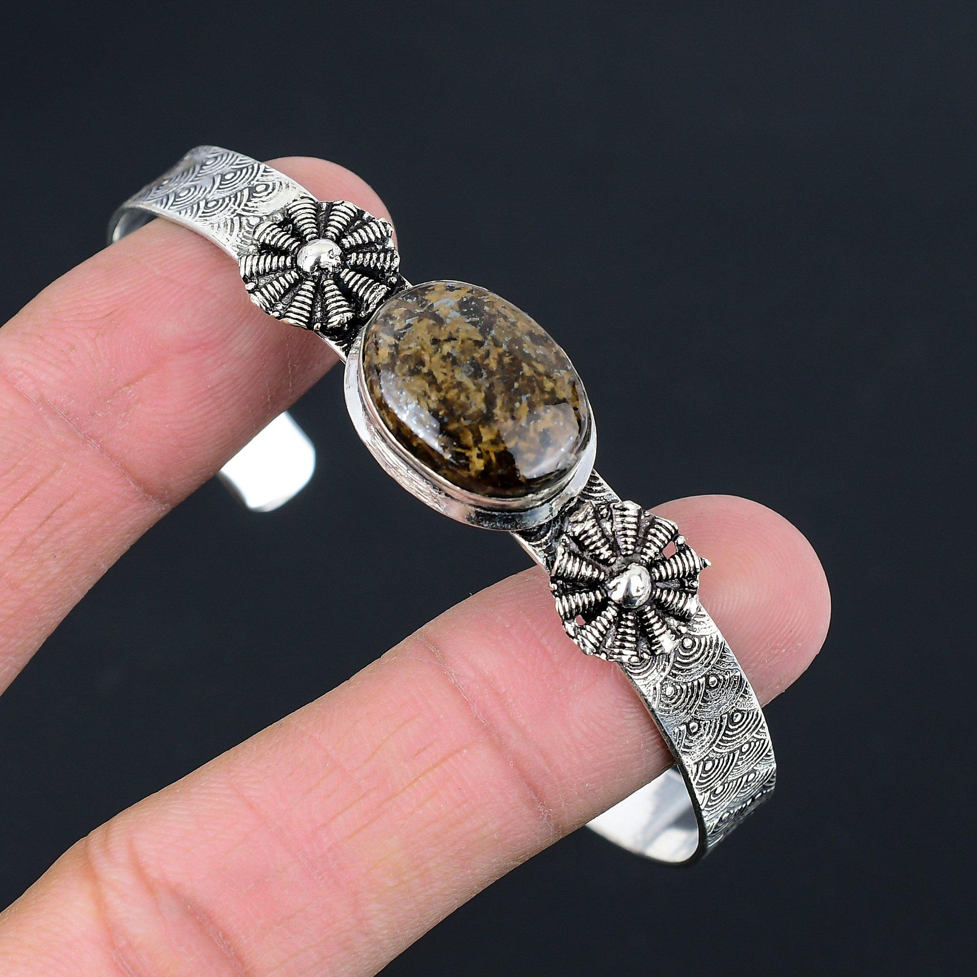 

Gift For Women Bangle Adjustable 925 Sterling Silver Natural Bronzite Gemstone Adjustable