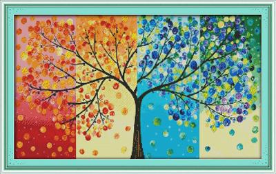 Amiiba 11ct Cross Stitch Embroidery Kit, Pre-Printed Design: Tree of Life, Four Seasons, DIY Wall Art Decor, Beginner's