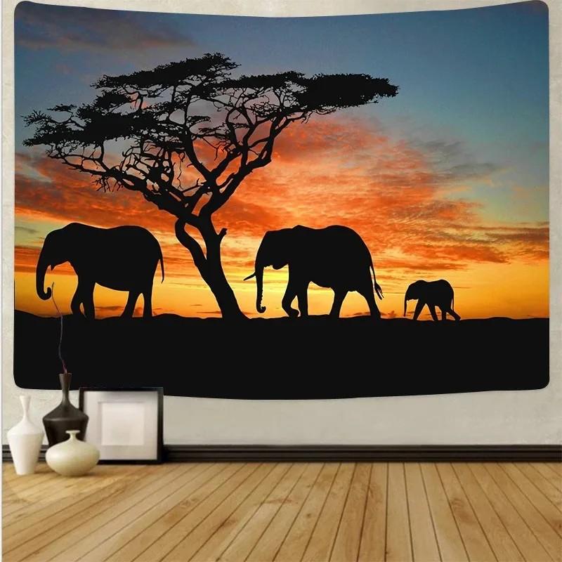 

VIKAMA African Animal Silhouette Tapestry High Contrast Sunset Gradient Mural Acacia Tree Elements Living Room BB 74x94cm(29x37in)