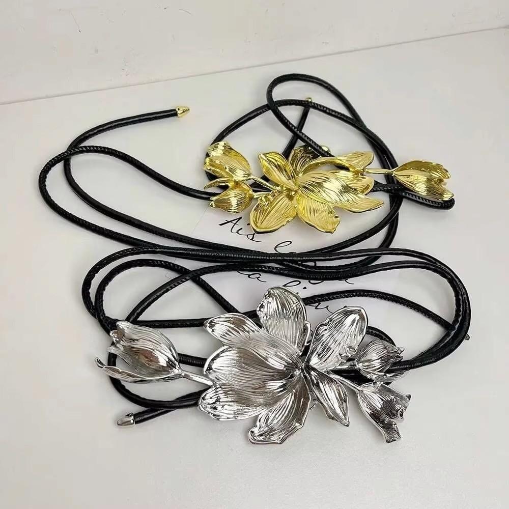 Black Leather Rope Flower Belt Metal Body Chain Waist Link Exaggerated Waist Chain  Women