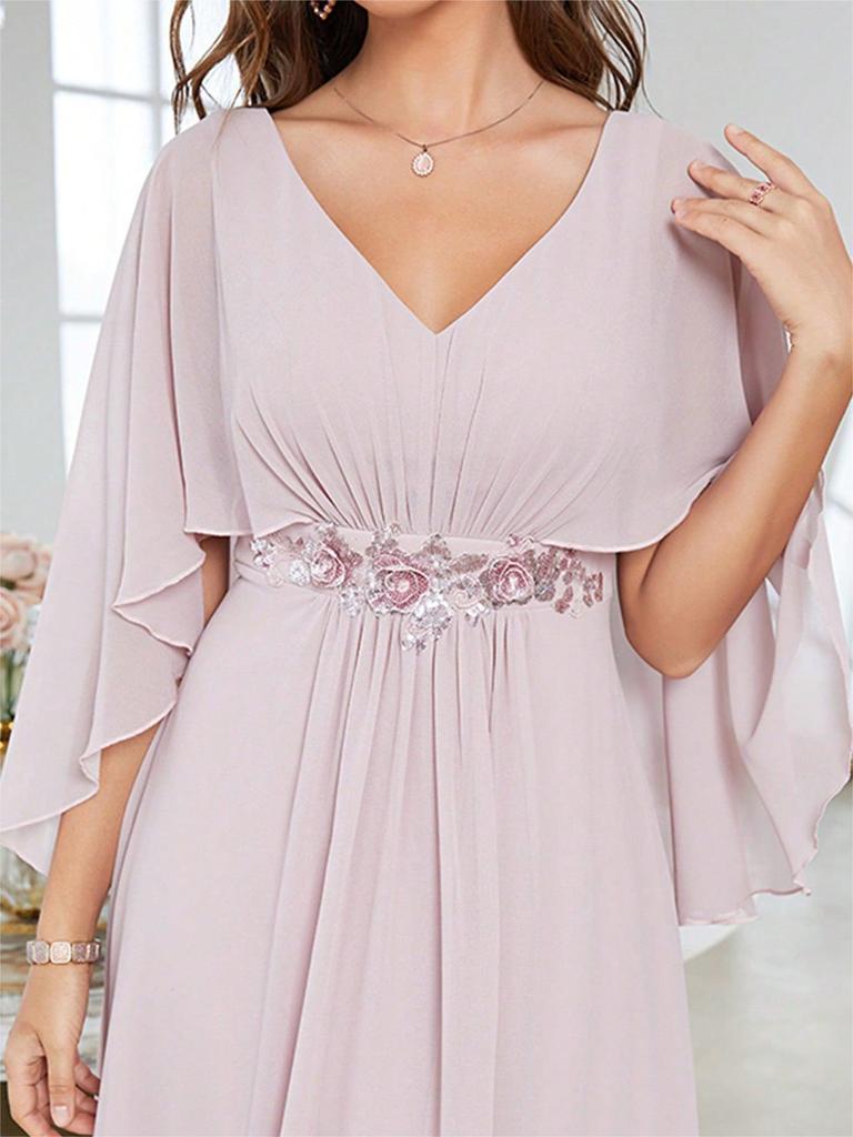 Elegant V-Neck Sequined Evening Gown with Trumpet Sleeves and Embroidered Applique